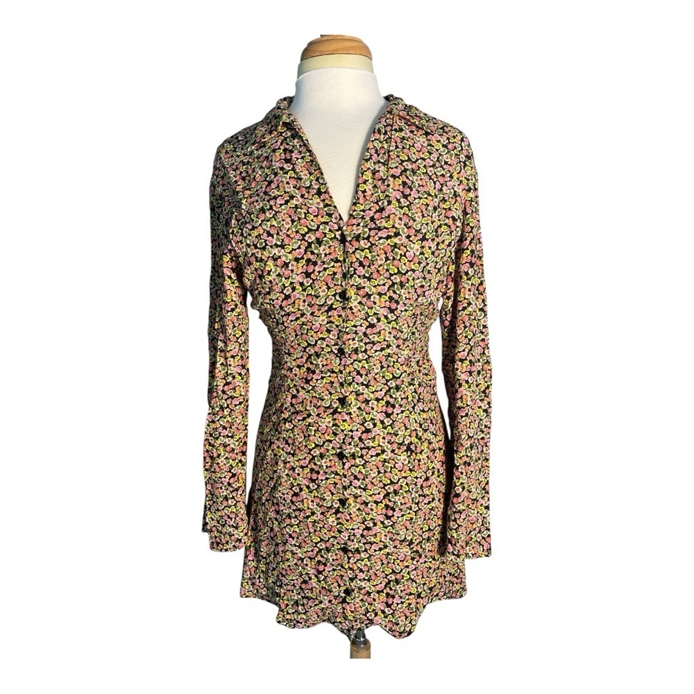 Zara  Ditsy Floral V-Neck Button Down Shirt Dress with Flared Sleeves - Picture 2 of 6